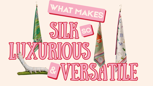 A blog header image that reads "What Makes Silk so Luxurious and Versatile?" with three colourful patterned hanging silks and a silkworm looking at the word 'luxurious'