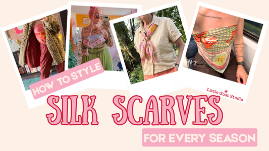A header image showing 4 polaroid pictures of women wearing beautiful brightly coloured patterned silk scarves in different styles, with the text 'how to style silk scarves for every season'